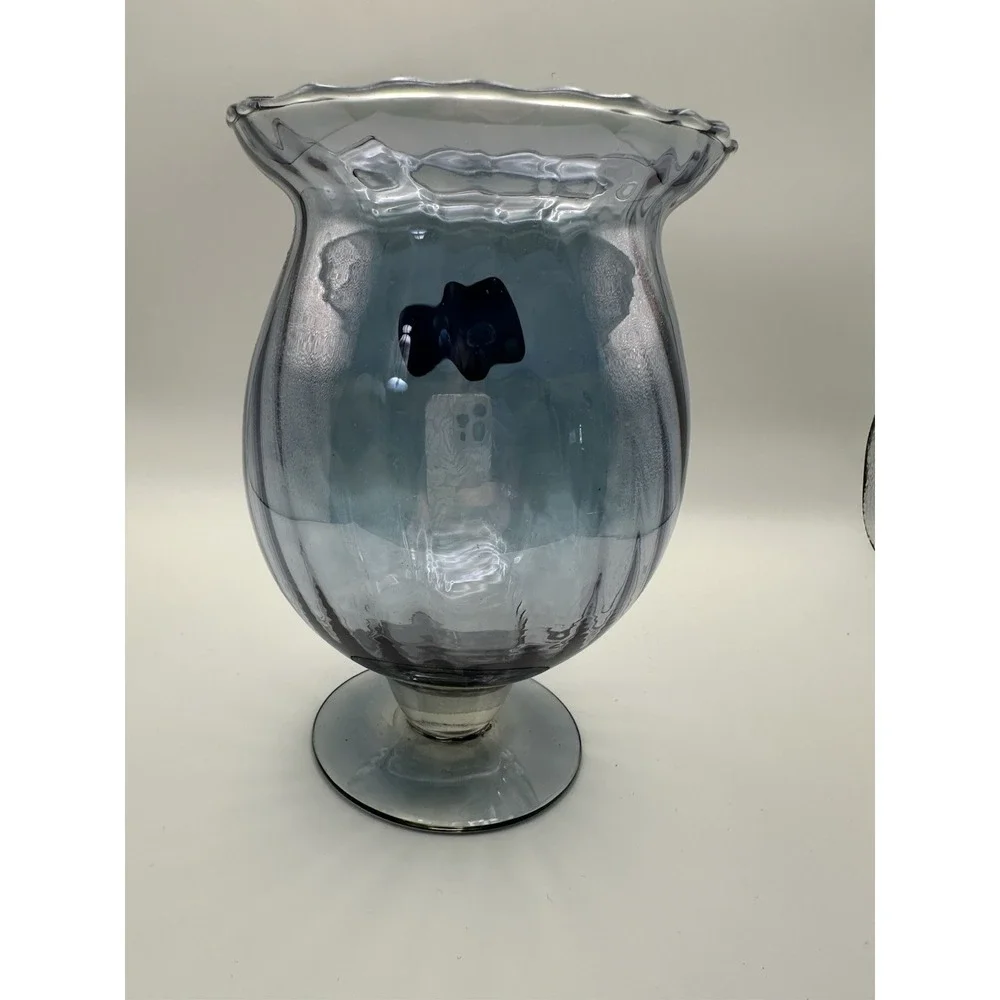 Vintage Opalescent Blue Blown Glass & Precious‎ Metal Footed Vase w/ Ruffled Rim